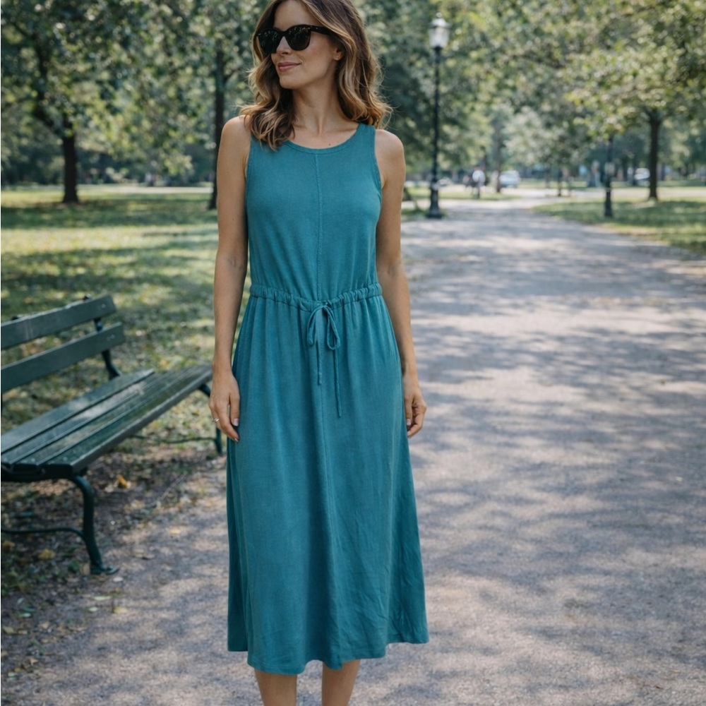 The Limited  Emerald Green Midi Dress Drawstring Waist Tank Sleeveless Stretch M